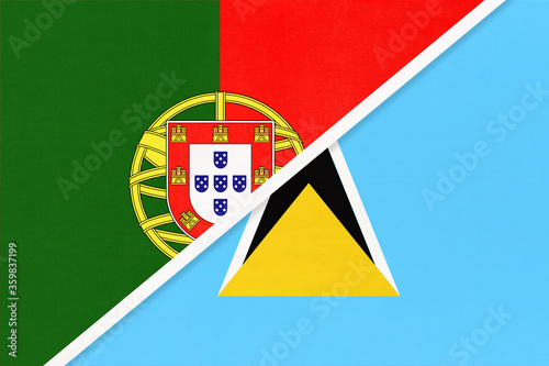 Portugal and Saint Lucia, symbol of national flags from textile. Championship between two countries.