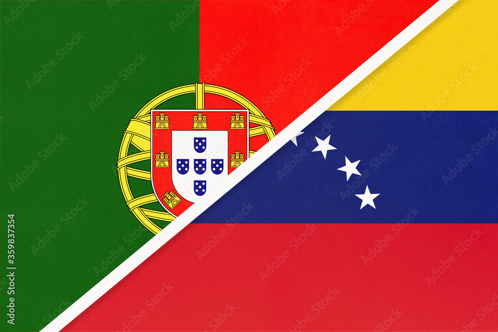Portugal and Venezuela, symbol of national flags from textile. Championship between two countries.