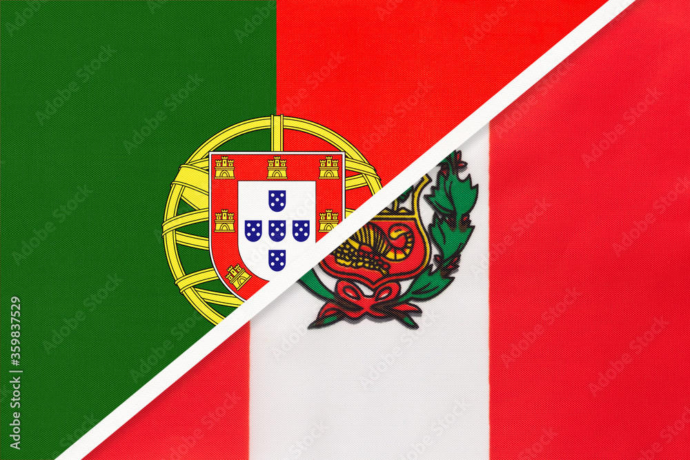 Portugal and Peru, symbol of national flags from textile. Championship between two countries.
