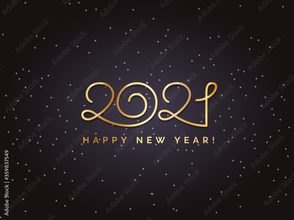 Golden 2021 logo text design on black backround. Vector stylish elegant modern minimalistic text with numbers. Concept design. Christmas background with stars, snowflakes, snow. Happy New Year.
