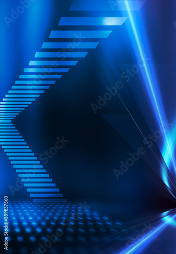 Background of empty stage show. Neon blue and purple light and laser show. Laser futuristic shapes on a dark background. Abstract dark background with neon glow