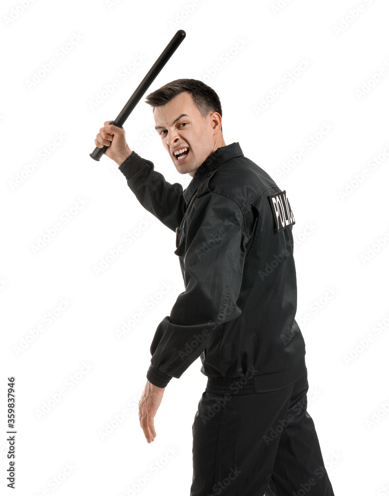 Aggressive police officer with baton on white background Aggressive police officer with baton on white background