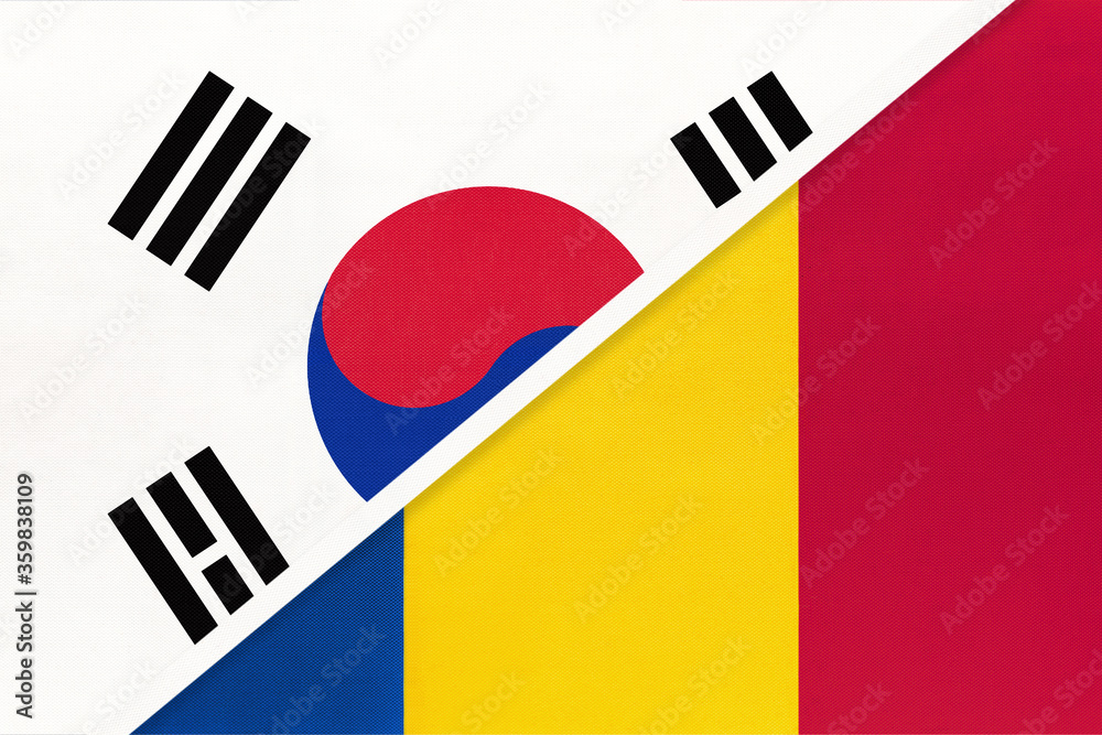 South Korea and Romania, symbol of national flags from textile. Championship between two countries.