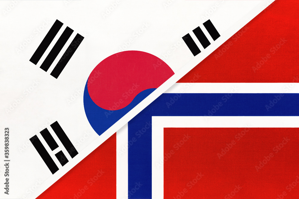 South Korea and Norway, symbol of national flags from textile. Championship between two countries. South Korea and Norway, symbol of national flags from textile. Championship between two countries.