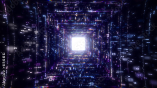 3D Big Data Digital Tunnel Square with futuristic matrix. Network of particles with binary code. Technological and connected motion background. Seamless loop 3D render