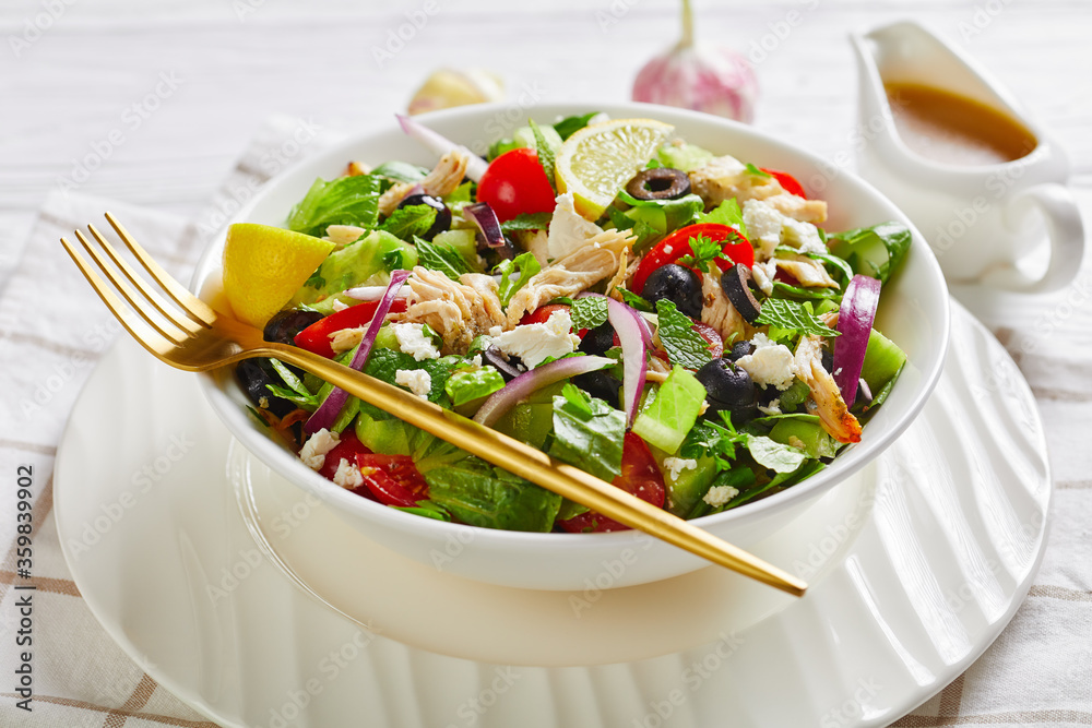 chicken meat, olives, red onion, veggies salad chicken meat, olives, red onion, veggies salad
