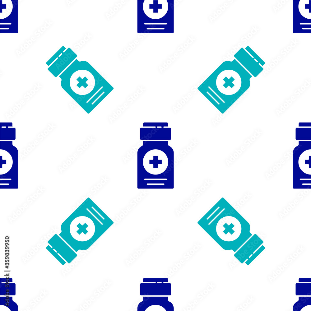 Blue Medicine bottle icon isolated seamless pattern on white background. Bottle pill sign. Pharmacy design. Vector Illustration. Blue Medicine bottle icon isolated seamless pattern on white background. Bottle pill sign. Pharmacy design. Vector Illustration.