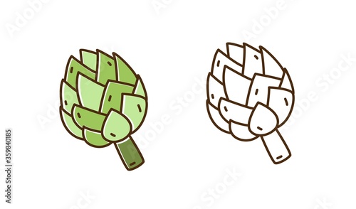 Set of natural artichoke in monochrome and colorful line art style. Organic seasonal vegetable vector illustration. Vegetarian product for dieting and healthy lifestyle isolated on white background