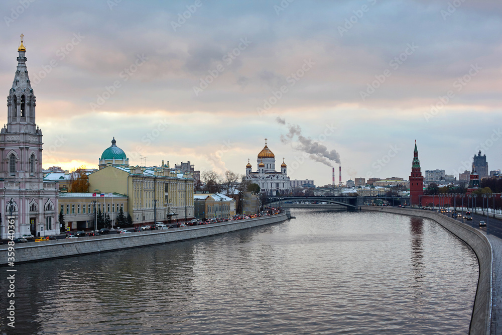 Moscow river in evening. Kremlin and Cathedral of Christ the Savior