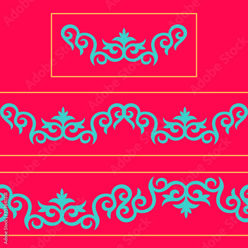 Set of 2  seamless border and vector ornamental elements with motifs of Kazakh, Kyrgyz, Tatar, national Asian decor for borders, textile, plate, tile, and print design. Workpiece for your design.