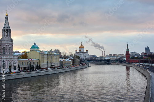 Moscow river in evening. Kremlin and Cathedral of Christ the Savior