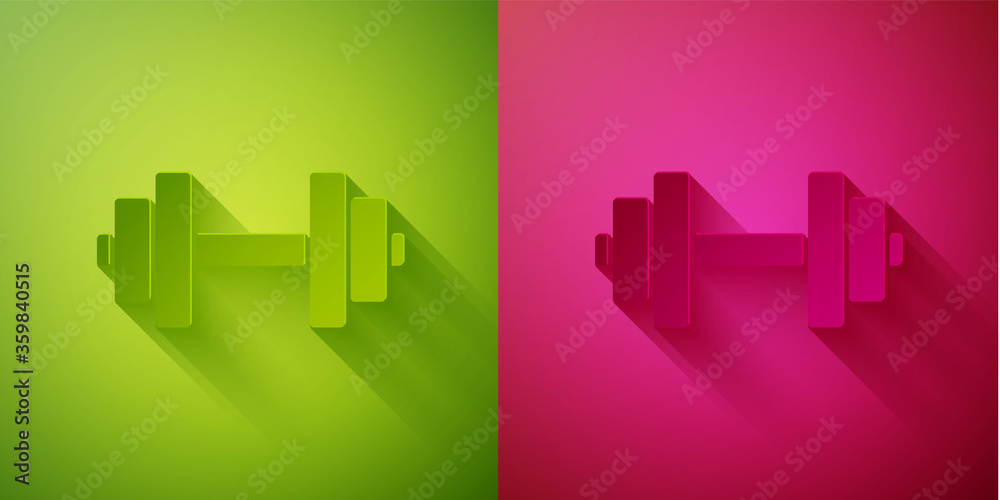 Paper cut Dumbbell icon isolated on green and pink background. Muscle lifting icon, fitness barbell, gym, sports equipment, exercise bumbbell. Paper art style. Vector Illustration.