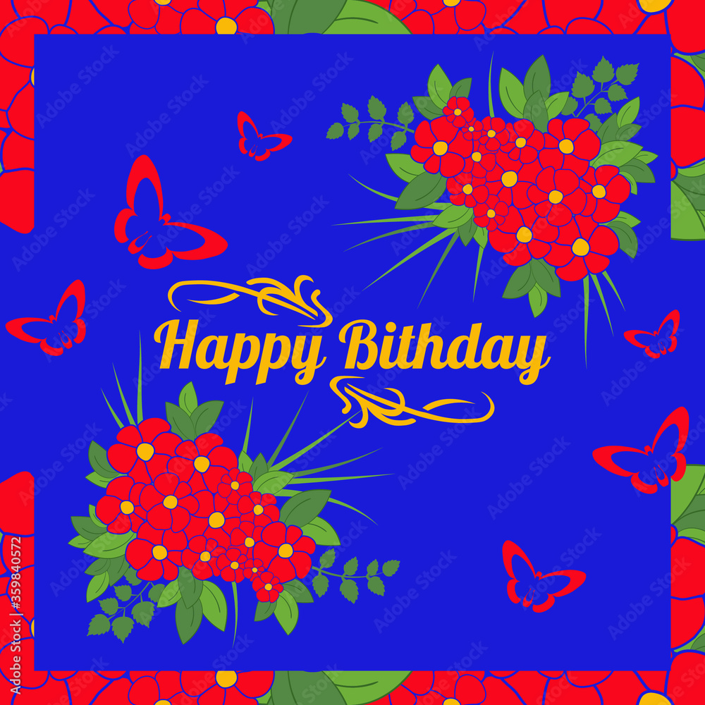 Naklejka premium Greeting card design template. Bright Flower card with butterflies. Floral card for greetings, printed products, holiday cards, Valentine's Day, wedding invitations. Vector illustration