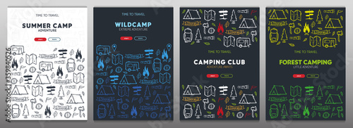 Summer camp. Camping hand draw doodle backgrounds. Vector banner illustration.
