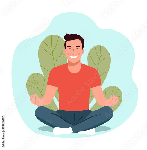 Young man doing yoga. Man relaxing in the lotus position. Vector flat illustration.