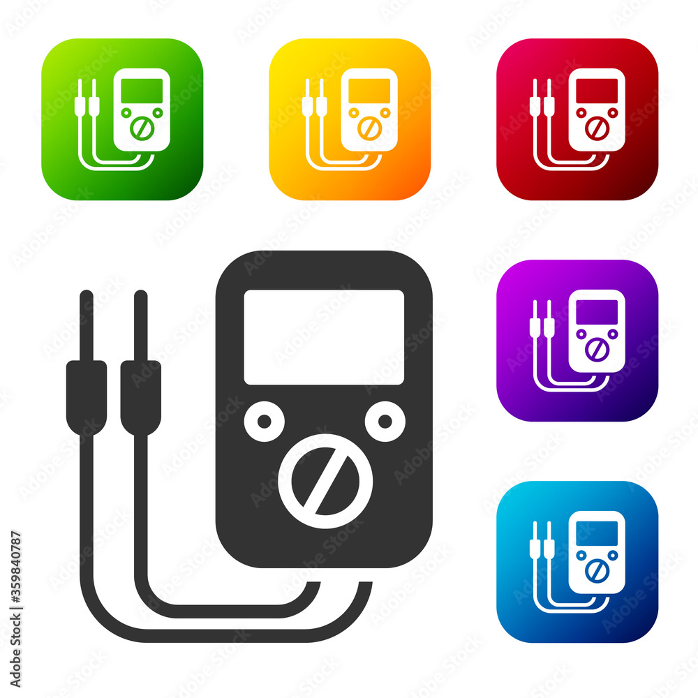 Black Ampere meter, multimeter, voltmeter icon isolated on white background. Instruments for measurement of electric current. Set icons in color square buttons. Vector Illustration. Black Ampere meter, multimeter, voltmeter icon isolated on white background. Instruments for measurement of electric current. Set icons in color square buttons. Vector Illustration.