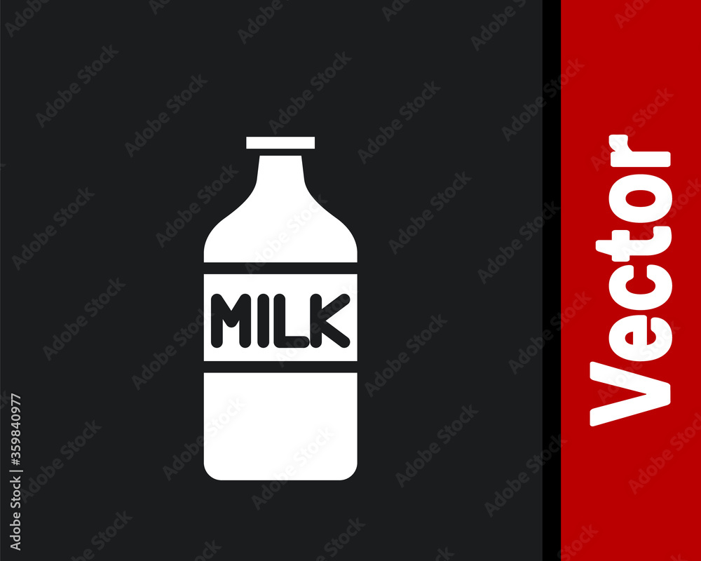 White Closed glass bottle with milk icon isolated on black background. Vector Illustration. White Closed glass bottle with milk icon isolated on black background. Vector Illustration.
