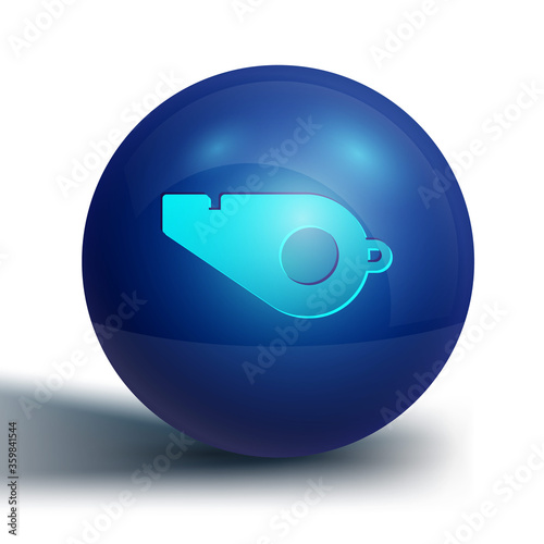 Blue Whistle icon isolated on white background. Referee symbol. Fitness and sport sign. Blue circle button. Vector Illustration.