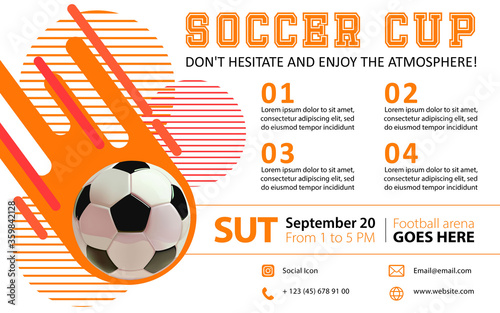 Football flyer, ticket or banner background. Soccer or football ball on modern background. Football abstract design template for soccer covers design