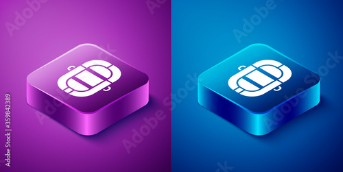 Isometric Rafting boat icon isolated on blue and purple background. Inflatable boat. Water sports, extreme sports, holiday, vacation. Square button. Vector Illustration.