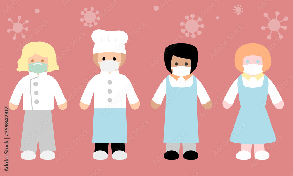 Restaurant staffs waring masks during Covid-19 pandemic. Restaurant staffs waring masks during Covid-19 pandemic.
