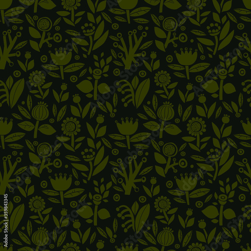 prints and stamps of flowers. Seamless vector pattern on a dark background with decorative flowers. floral wallpaper