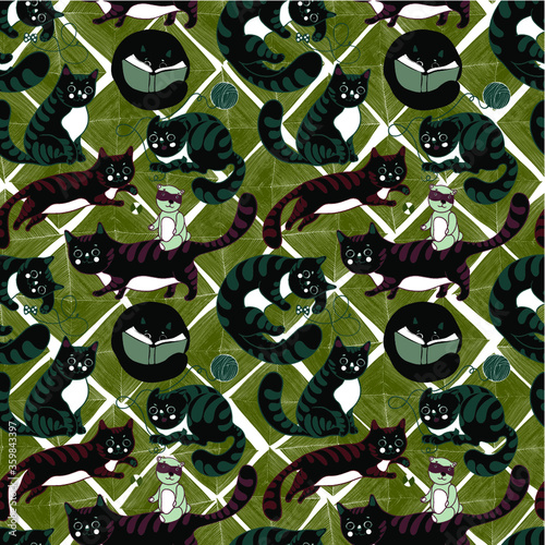 Beautiful cartoon pattern for kids. funny pattern with striped cats, toys, books. Seamless vector pattern for baby prints, wallpaper, textile.