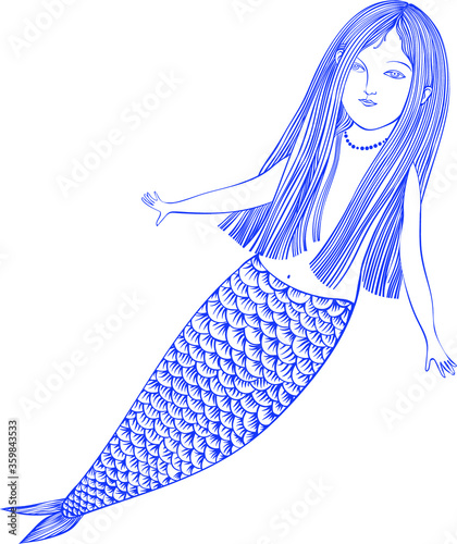 beautiful mermaid. vector illustration on a white background with a graphic pattern, engraving of a mermaid. logo of a mermaid