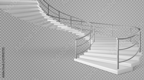 Spiral staircase, white stairs with railings isolated on transparent background. Helical round ladder with metal tube banisters and stone steps. Modern interior design Realistic 3d vector illustration