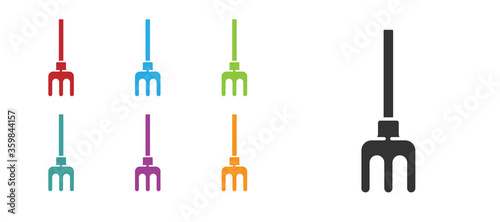 Black Garden rake icon isolated on white background. Tool for horticulture, agriculture, farming. Ground cultivator. Set icons colorful. Vector Illustration.
