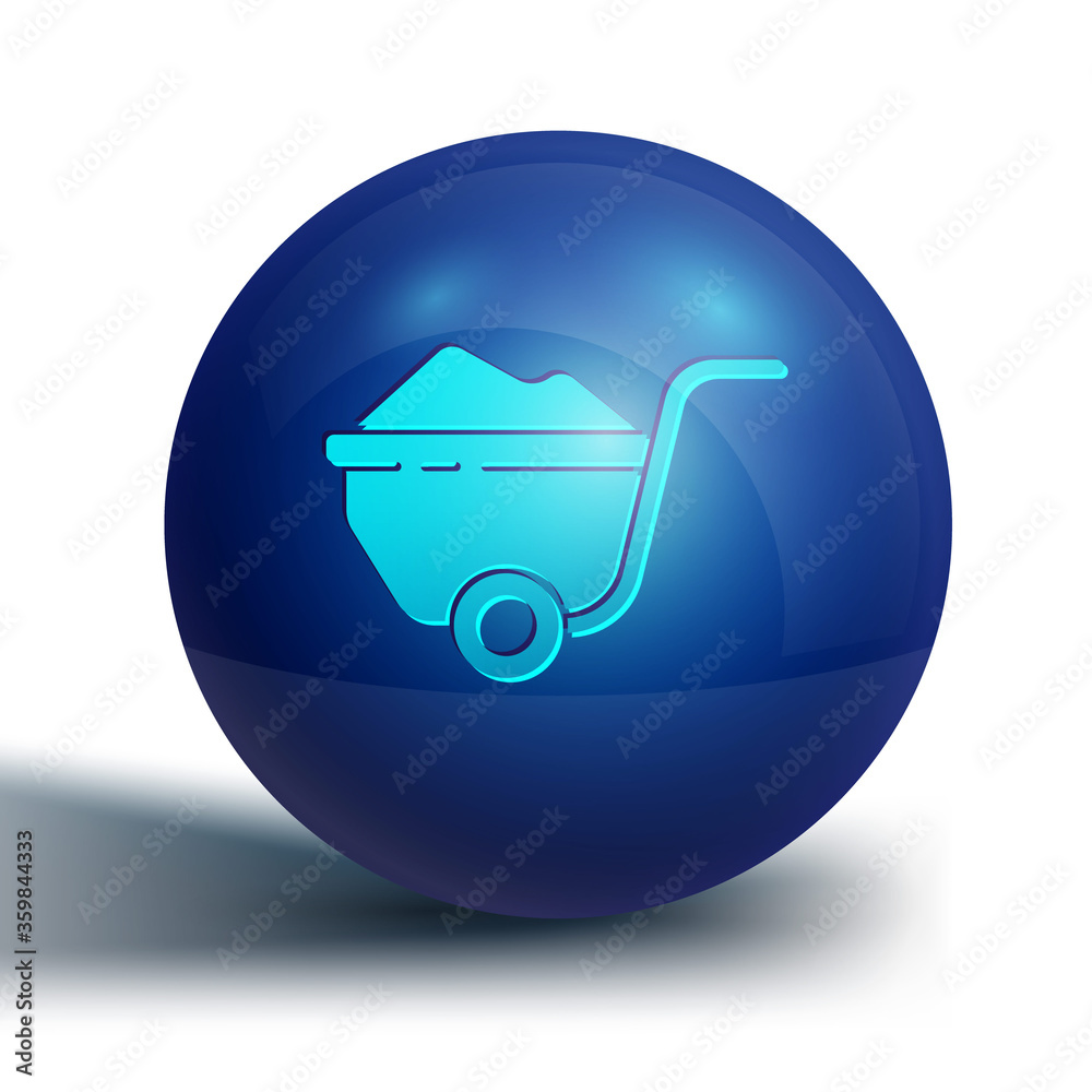Blue Wheelbarrow with dirt icon isolated on white background. Tool equipment. Agriculture cart wheel farm. Blue circle button. Vector Illustration. Blue Wheelbarrow with dirt icon isolated on white background. Tool equipment. Agriculture cart wheel farm. Blue circle button. Vector Illustration.