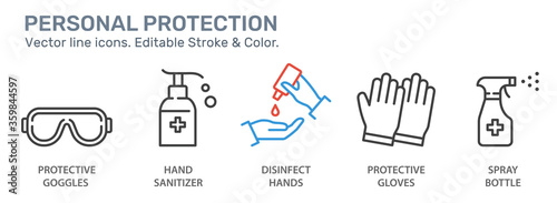 Personal protection line icons set. Black vector illustration. Editable stroke.