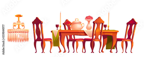 Victorian dining room carved furniture in old royal baroque style, wooden table with food, utensil, goblets and candles. chairs, crystal chandelier, interior luxury stuff, Cartoon vector illustration