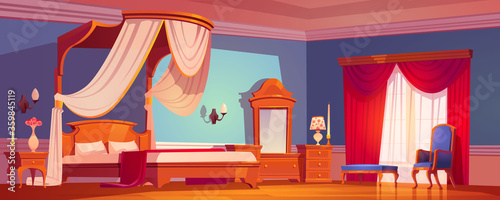Victorian bedroom, royal interior at morning or day time. Luxury empty light room with wooden furniture and decoration, bed with tulle canopy, mirror, couch and nightstand, cartoon vector illustration