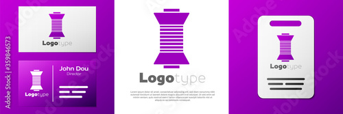 Logotype Sewing thread on spool icon isolated on white background. Yarn spool. Thread bobbin. Logo design template element. Vector Illustration.