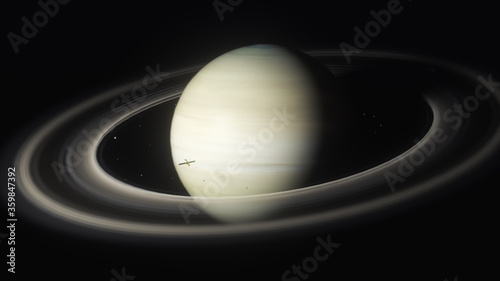 3d Illustration of Saturn and a spacecraft orbiting the planet and its ring system