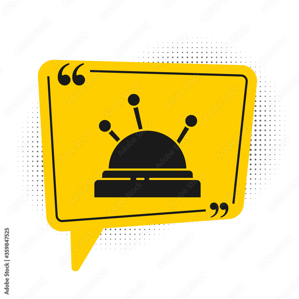 Fototapeta premium Black Needle bed and needles icon isolated on white background. Handmade and sewing theme. Yellow speech bubble symbol. Vector Illustration.