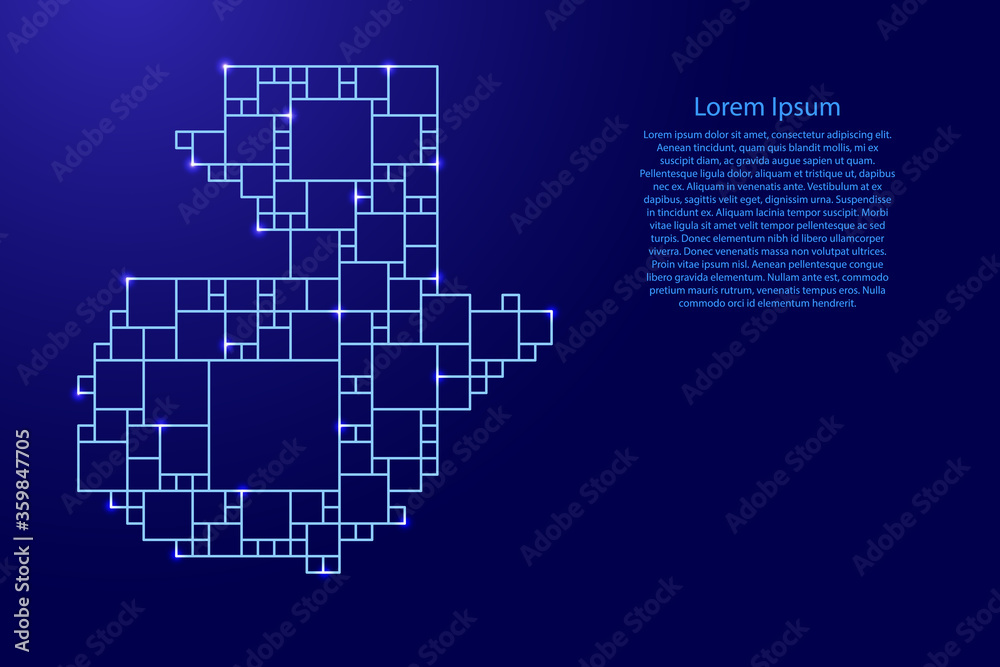 Guatemala map from blue pattern from a grid of squares of different sizes and glowing space stars. Vector illustration.