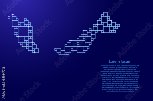 Malaysia map from blue pattern from a grid of squares of different sizes and glowing space stars. Vector illustration.