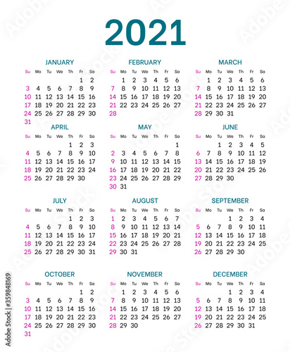 Pocket calendar layout for 2021 year. English template with dates grid on white background. Week starts from Sunday. Vertical annual calendar vector design for time organization and planning