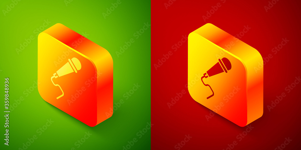 Isometric Microphone icon isolated on green and red background. On air radio mic microphone. Speaker sign. Square button. Vector Illustration. Isometric Microphone icon isolated on green and red background. On air radio mic microphone. Speaker sign. Square button. Vector Illustration.