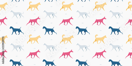 Seamless pattern with different dog breeds on a light background.