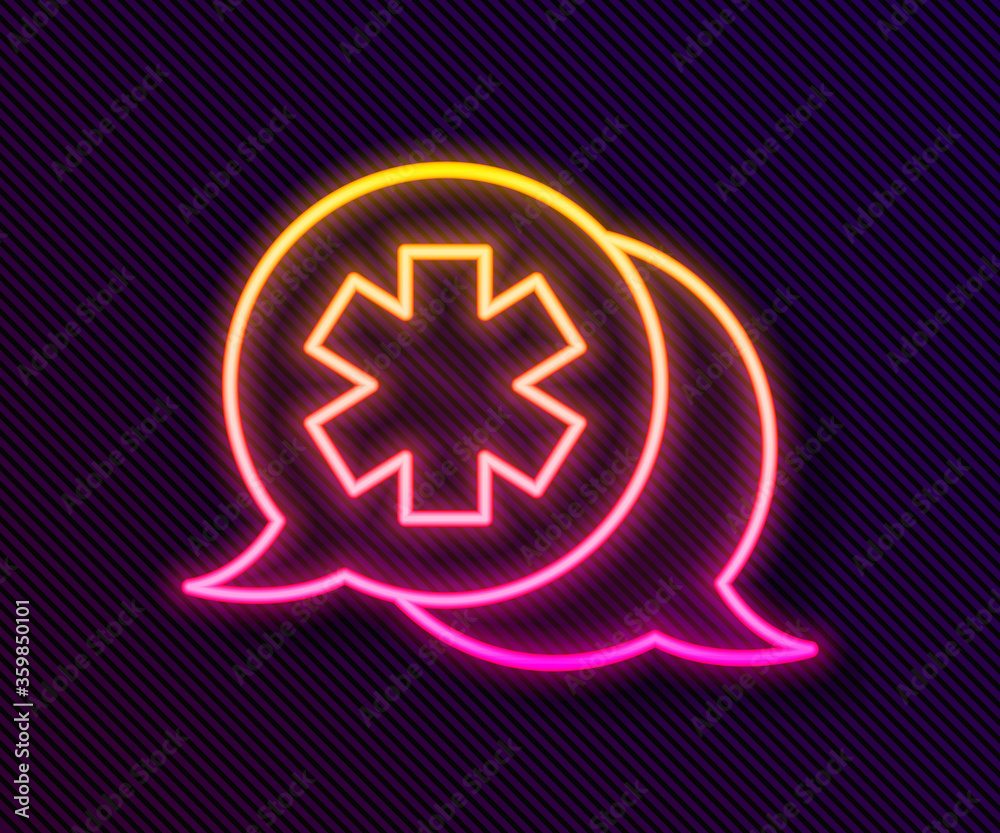 Obraz premium Glowing neon line Dialogue with the doctor icon isolated on black background. Doctor and patient dialog. Consulting about medical health services. Vector Illustration.