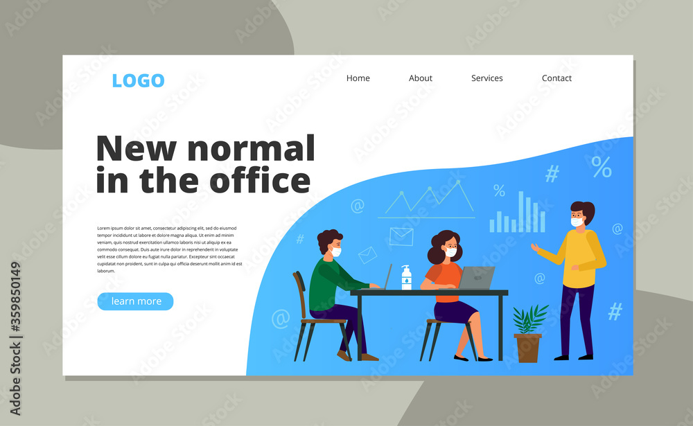 Employees in medical masks hold a meeting in the office. The concept of landing page. Sterility and safety in the workplace. Employees in medical masks hold a meeting in the office. The concept of landing page. Sterility and safety in the workplace.