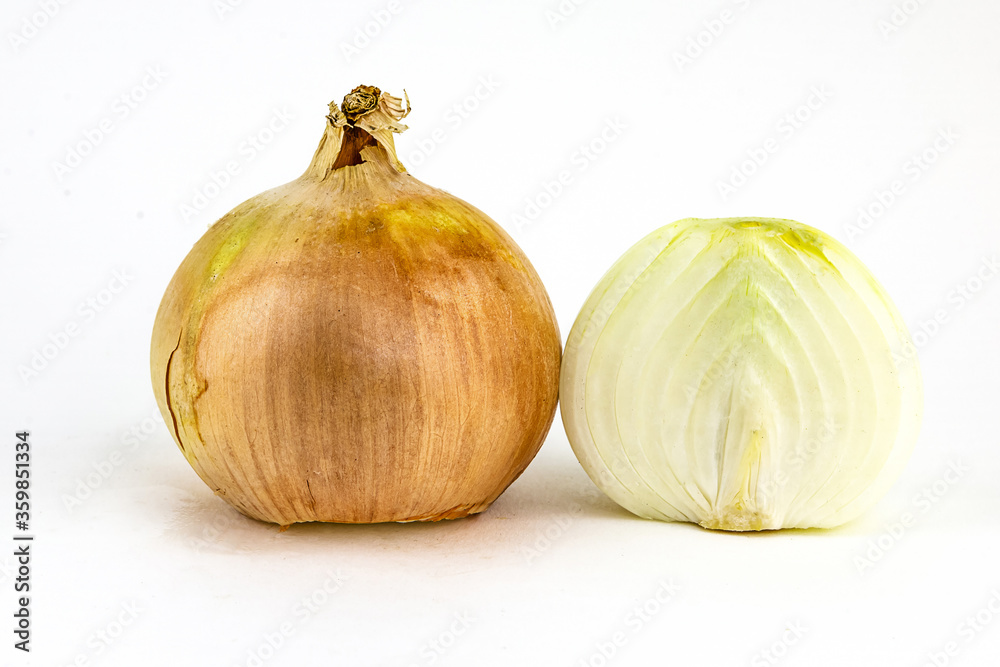onion whole head unpeeled and half smelling vegetable on white isolated
