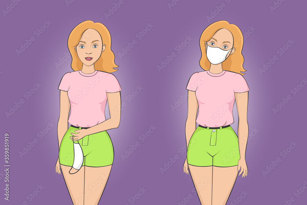 Caucasian woman put on medical mask. Cartoon style. Vector illustration. Caucasian woman put on medical mask. Cartoon style. Vector illustration.