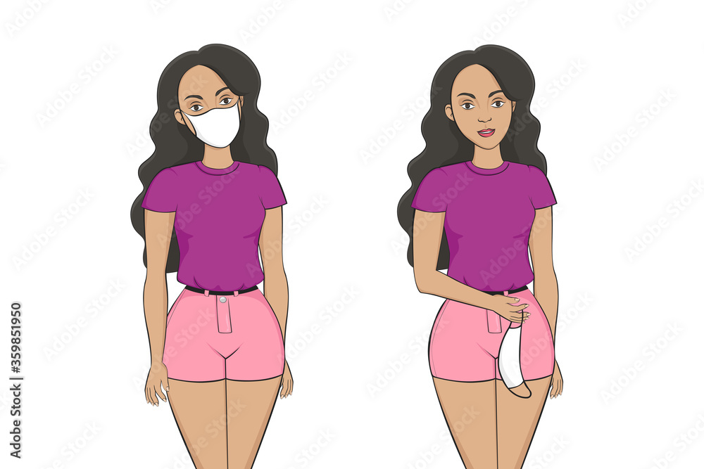 Latin American girl take off medical mask. Cartoon style. Vector illustration. Latin American girl take off medical mask. Cartoon style. Vector illustration.