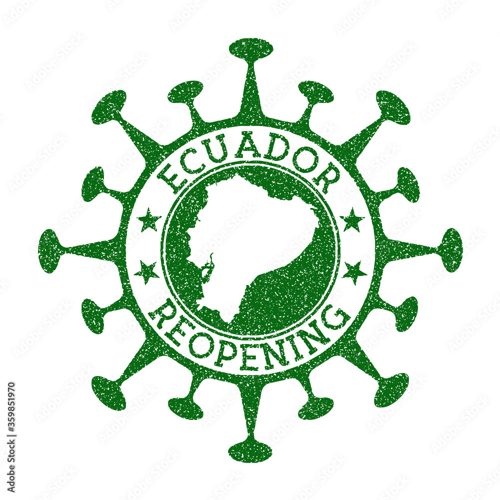 Ecuador Reopening Stamp. Green round badge of country with map of Ecuador. Country opening after lockdown. Vector illustration.