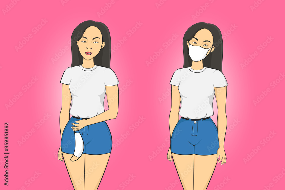 Asian girl put on medical mask. Cartoon style. Vector illustration. Asian girl put on medical mask. Cartoon style. Vector illustration.