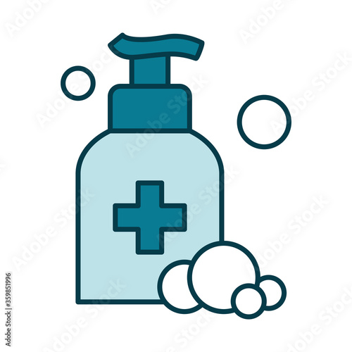 hands soap bottle and bubbles icon, line and fill style